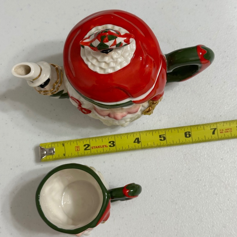 Ciao Claus Santa Harlequin Tea Set Ceramic Teapot & Cup Christmas Seasonal Decor - Picture 2 of 10